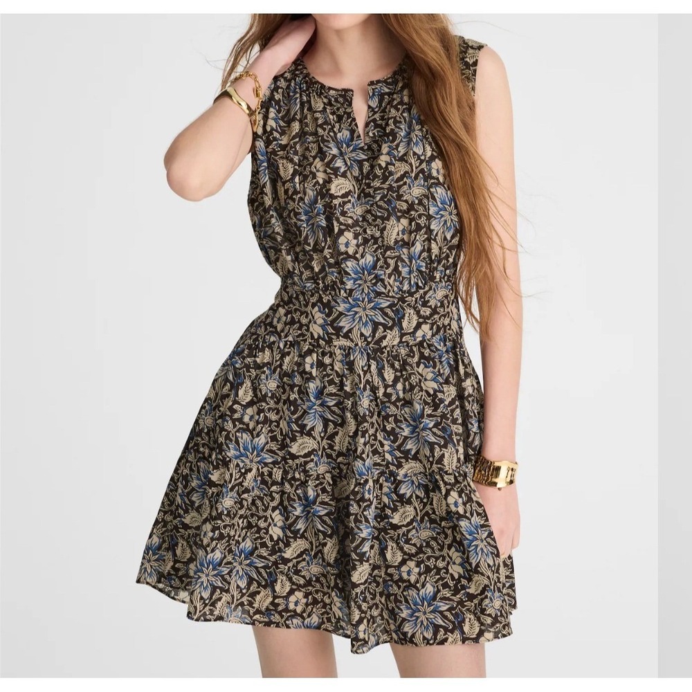 Madewell Floral Split Neck Mini Dress Dark Carob Brown Blue Small NW038 - Picture 2 of 12
